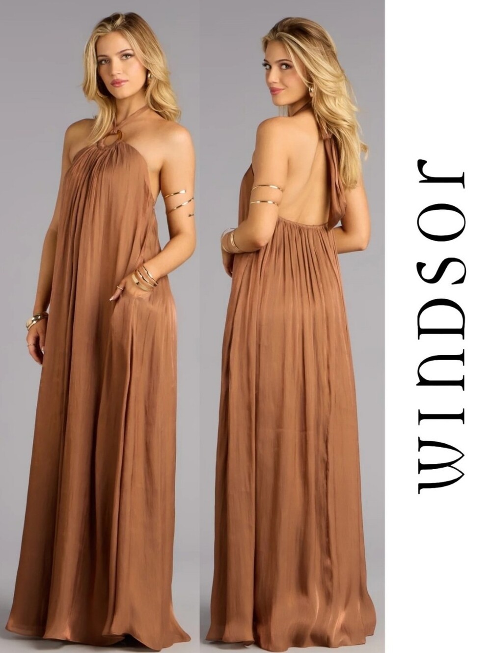 Windsor Marlyne Halter Open Back Formal Dress Backless Organza Maxi - Brown